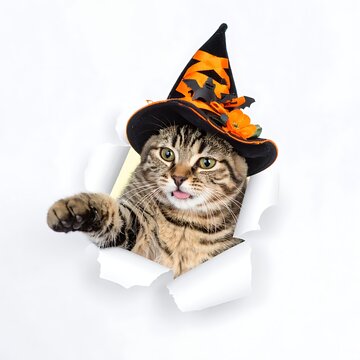 A curious cat in a witch's hat peeks through torn paper