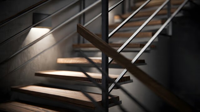 A dark industrial staircase in an old building with steel and glass leading upward like a stairway to heaven