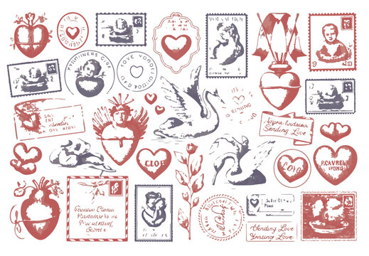 Vintage Valentine Postage Stamps and Ephemera Collection with Hearts, Cherubs, Swans, and Retro Postmarks