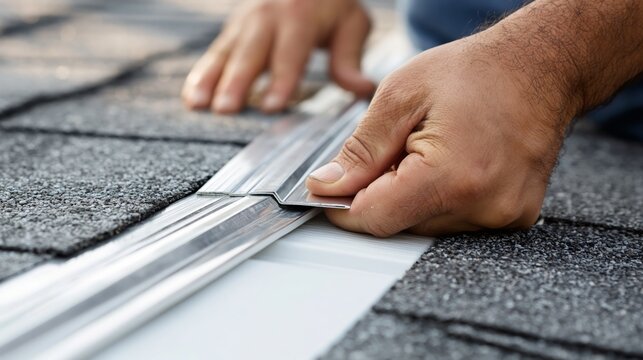 Worker's hands installing metal flashing on a grey asphalt shingle roof