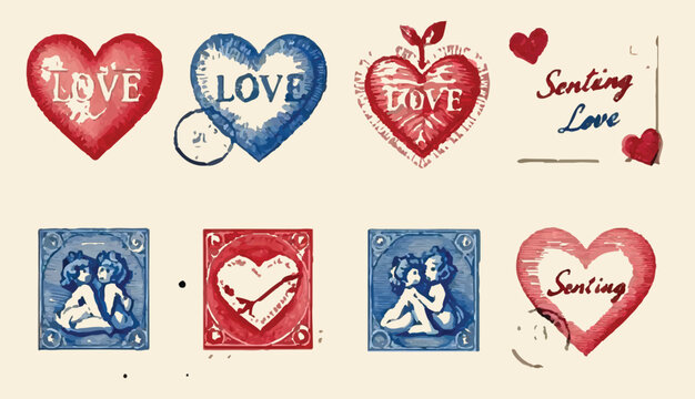 Vintage Valentine Greeting Elements Set with Romantic Hearts, Cherubs, and Retro Postage Stamps in Antique Woodcut Style