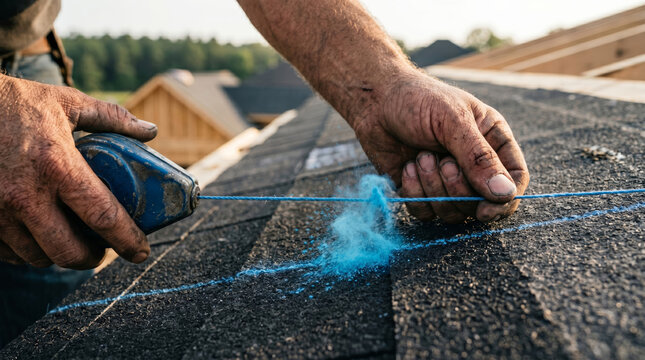 Worker's hands using chalk line on asphalt shingle roof