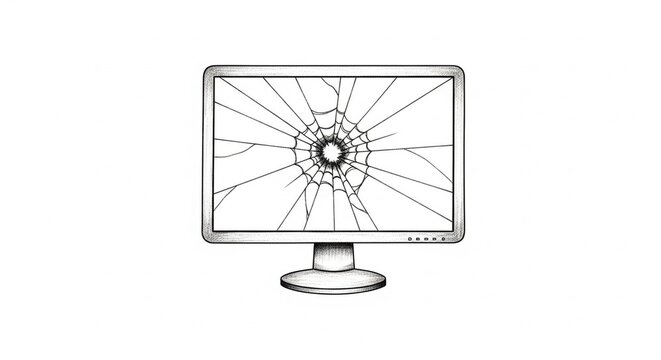 Broken Computer Monitor Screen with Shattered Glass and Damage Concept.