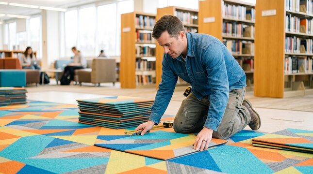 Flooring contractor man installing colorful carpet tiles in modern library building