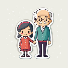 Obraz premium Grandfather and Granddaughter Holding Hands in Cute Cartoon Style