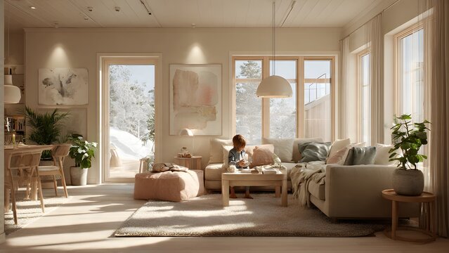 Couple sitting on chairs in a modern cozy living room interior