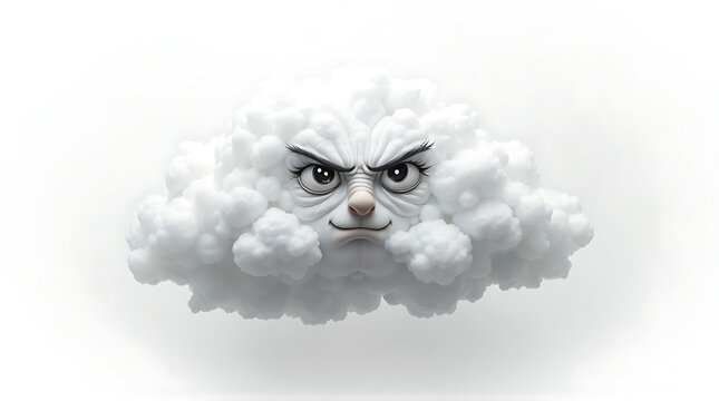 Angry fluffy cloud with face and eyes looks grumpy in shade