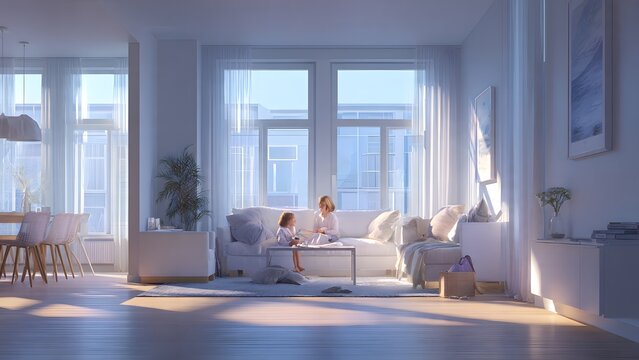 Bride and groom standing in a modern luxury living room with sofa laptop and office interior scene