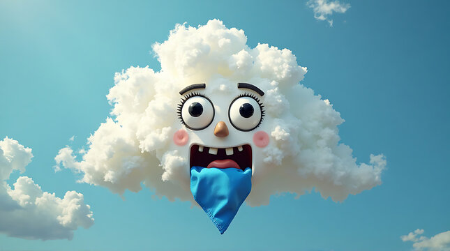 Cartoon puffy cloud character with happy face in blue sky