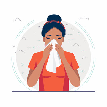 Woman blowing nose with tissue, illustration of allergy or cold