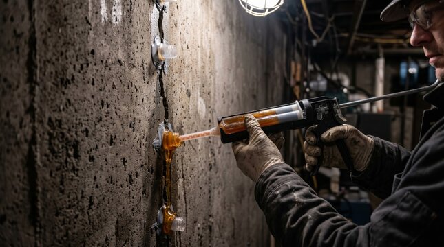 Contractor injecting epoxy sealant into concrete basement wall crack