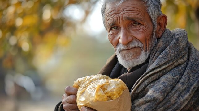 An elderly man holding a small food package, representing poverty and the essential need for community support.