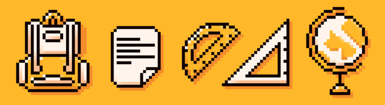 Back to School pixel art yellow elements. Backpack, globe, triangle ruler, protractor.