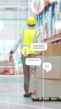 Vertical video: Warehouse worker entering aisle, guiding pallet jack, AR bubbles aiding inventory