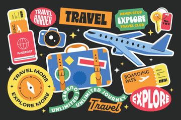 Set of Travel stickers elements collection. Airplane, suitcase, compass, camera, boarding pass. Explore travel badges and patches. © titusurya