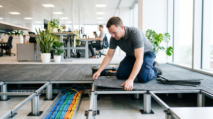 Fototapeta premium Installer placing carpet tile on raised access floor in office