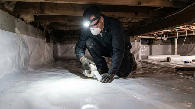 Worker installing white vapor barrier in dark crawl space basement