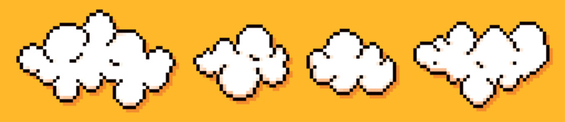 Fototapeta premium Four pixel game art clouds on yellow background.