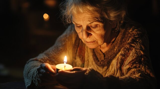 An elderly woman lighting a candle in a dimly lit room, symbolizing hope amidst despair.
