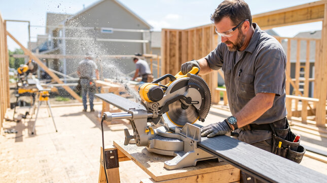 Construction worker cutting composite deck board at home construction site