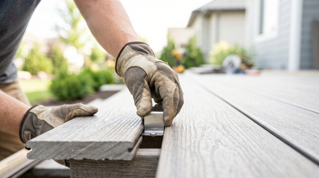 Contractor's hands installing composite deck board with hidden fastener