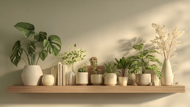 Modern interior design of a living room and kitchen featuring indoor plants in a pot on a table by a window sill with natural light