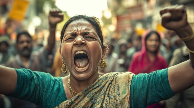 An Indian woman fiercely participates in a street protest, fighting for equal rights and social change.