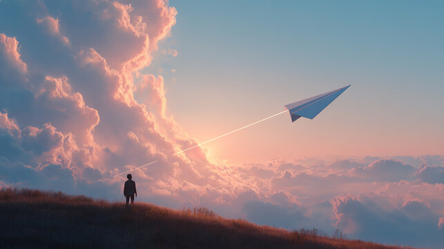 A serene landscape featuring a person gazing at a paper plane soaring through colorful clouds at sunset.