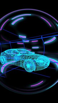 Vertical video: Cyan beam descending, arcs pulsing, camera orbiting wireframe car highlighting mesh