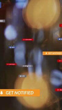 Vertical video: After 1s GET NOTIFIED banners appearing over bokeh, tags drifting to prompt signup