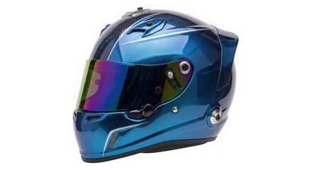 Obraz premium Shiny blue motorcycle helmet with a dark visor for professional racing and street riding safety equipment