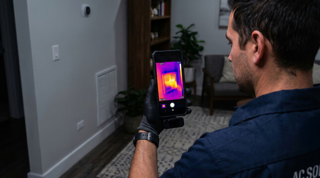 HVAC technician inspecting heating system with thermal camera in residential home