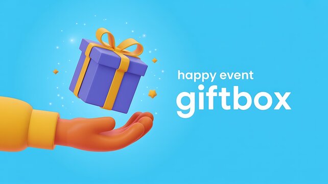 A person holds a purple gift box with a gold ribbon on a blue background