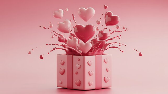 A 3D rendered image shows a pink gift box exploding with hearts