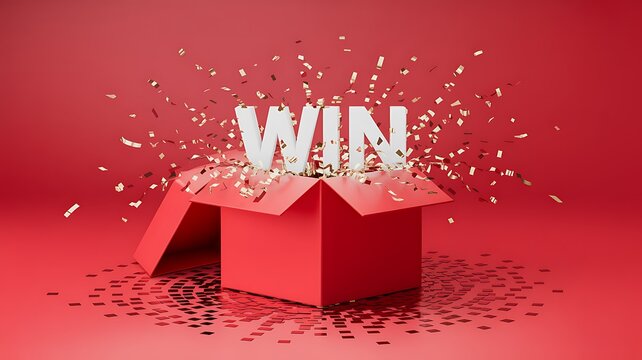 A 3D rendering of green gift boxes with confetti and WIN text on a red background
