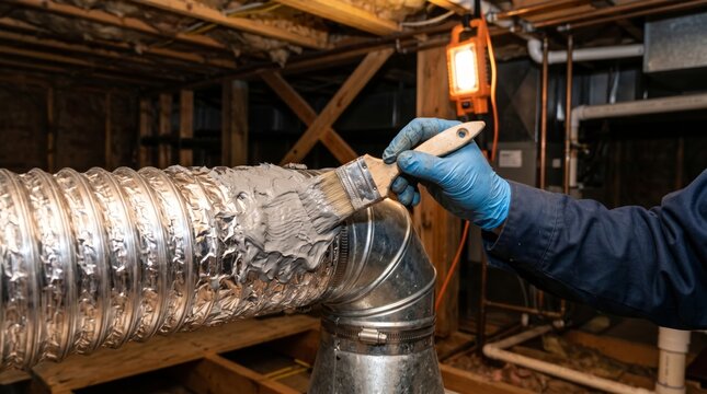 Worker applying mastic sealant to HVAC ductwork in basement