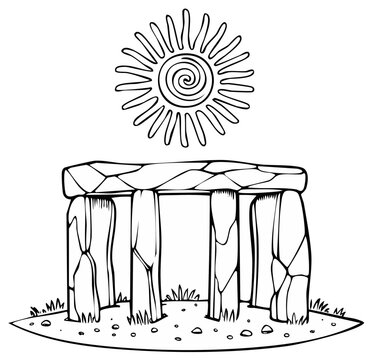 Stylized line art of an ancient stone structure with upright pillars and lintel stone and a spiral sun above on a small plot of grass