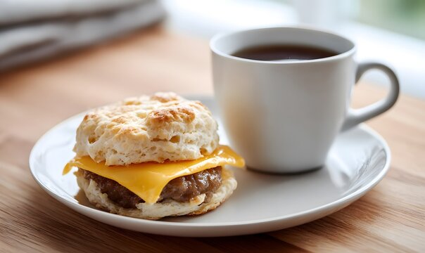 a sausage biscuit with slice of cheese on a plate in a kitchen next to a white mug of hot coffee