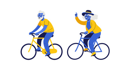 Fototapeta premium Illustration of a senior couple joyfully riding bicycles, featuring vibrant blue and yellow colors on a minimalist white background