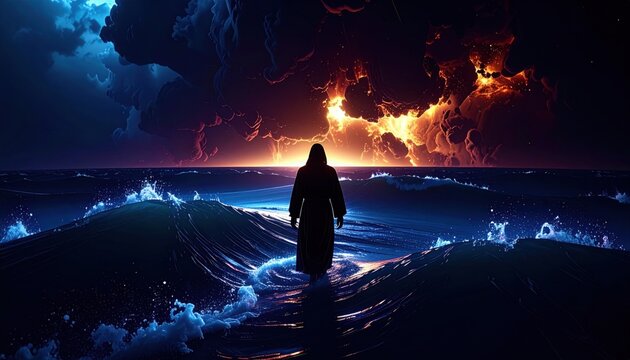 Silhouetted figure in long robes walking across dark blue ocean waves under dramatic orange and black storm clouds