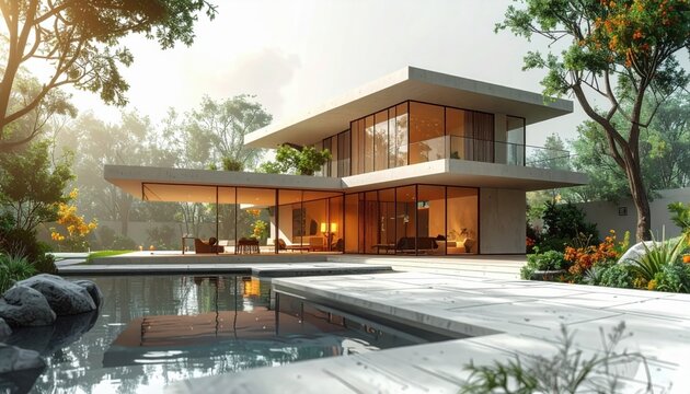 Modernist concrete and glass home featuring cantilevered roof and swimming pool set in sunny wooded landscape