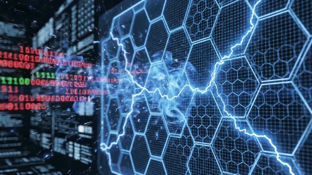 A futuristic digital illustration of a bright explosion amidst a honeycomb pattern and binary code