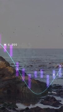 Vertical video: On play cyan curve and purple bars moving over sea, rising, dipping, showing labels