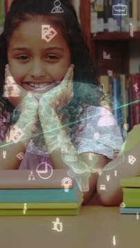 Vertical video: 2 students leaning table camera shifting 3D brain icons showing learning over books