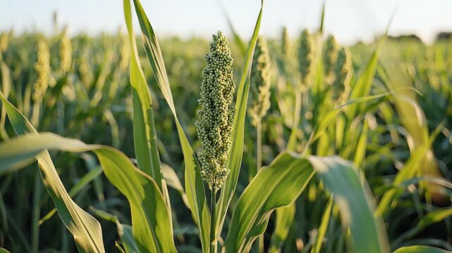 Closeup of a Sorghum Field at Sunset with Golden Light.