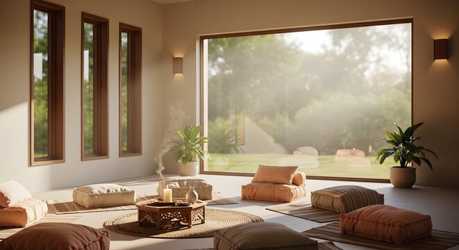 A luxury modern living room interior features a wooden table and designer furniture near a fireplace with an indoor window view of a stylish apartment home