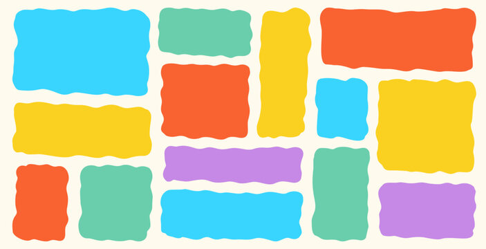 Wavy Organic Rectangle Text Box Set. Squiggly frames and shapes in vibrant colors. Soft irregular bubbles, and abstract form create playful hand drawn border for modern graphic design project.