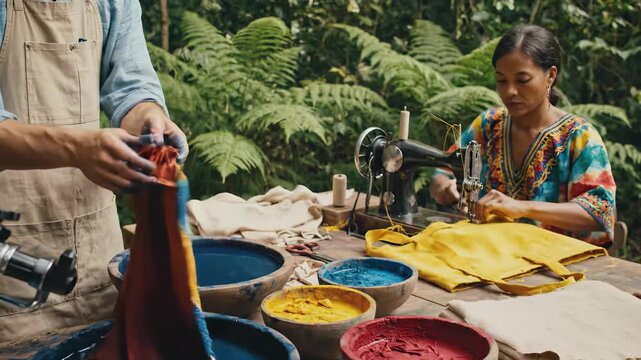 Artisans immerse themselves in the rich colors of nature, skillfully dyeing fabrics in a serene forest setting. They embrace tradition while showcasing creativity in every stitch and hue.