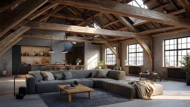 An elegant interior of an old wooden house loft features a luxury living room design with a wood table, sofa, and chair bathed in light from a large window
