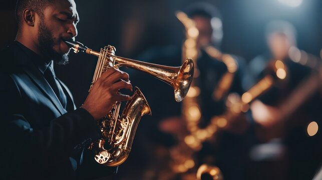 Close-up of a jazz musician playing a trumpet in a dimly lit club